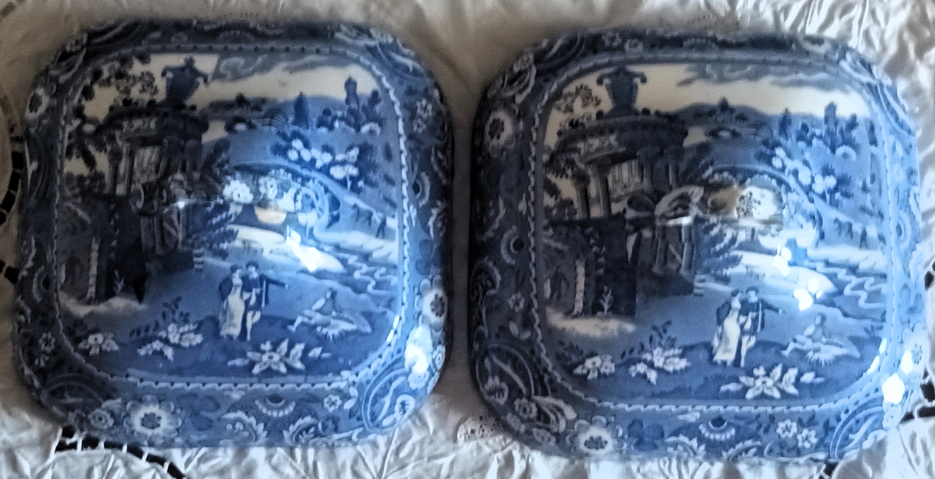 Pair of Antique English Blue & White Transfer Tureen Covers ~ “Landscape”  ~ Midwinter Antique Ceramics 7